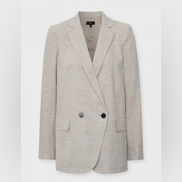 🔥THEORY Boy Double-Breasted Stretch Linen-Blend Blazer Size 6 in Oat Melange 🔥 - Picture 2 of 16
